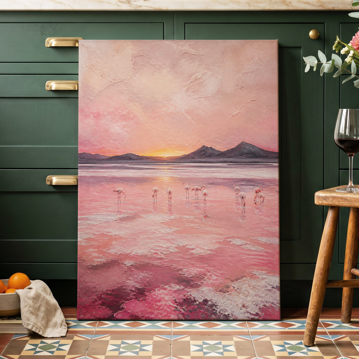 Rosewater Flamingos, pink, gray, orange nature wall art on canvas displayed in a styled interior, gallery view 1