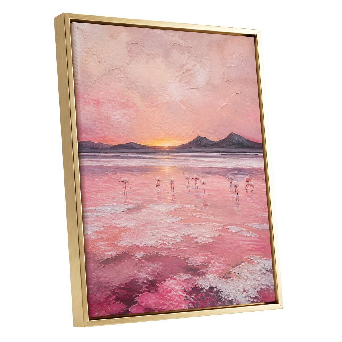 Rosewater Flamingos, pink, gray, orange nature wall art shown as a gold framed canvas wall art