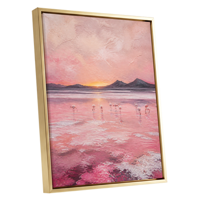 Rosewater Flamingos, pink, gray, orange nature wall art shown as a gold framed canvas wall art
