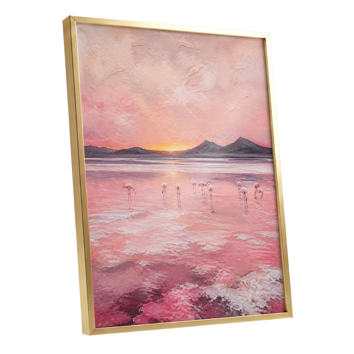 Rosewater Flamingos, pink, gray, orange nature wall art shown as a gold framed poster wall art print