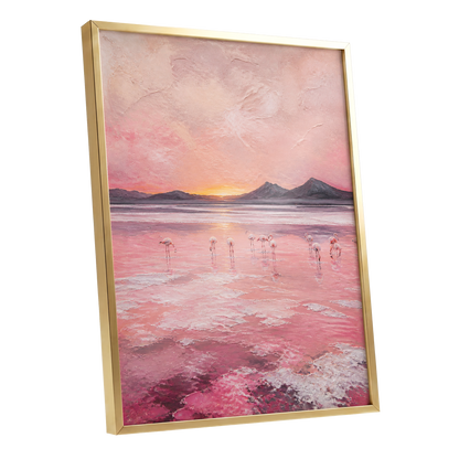 Rosewater Flamingos, pink, gray, orange nature wall art shown as a gold framed poster wall art print
