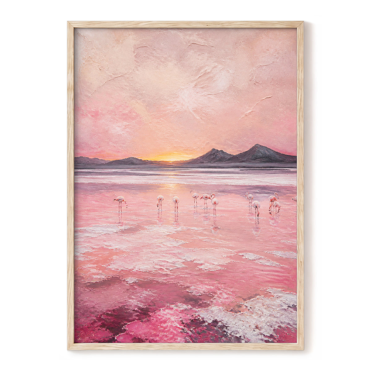 Rosewater Flamingos, pink, gray, orange nature wall art, front artwork view