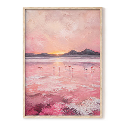 Rosewater Flamingos, pink, gray, orange nature wall art, front artwork view