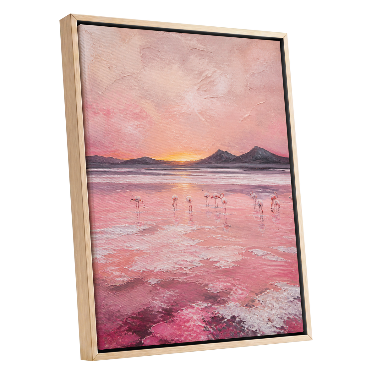 Rosewater Flamingos, pink, gray, orange nature wall art shown as a oak framed canvas wall art