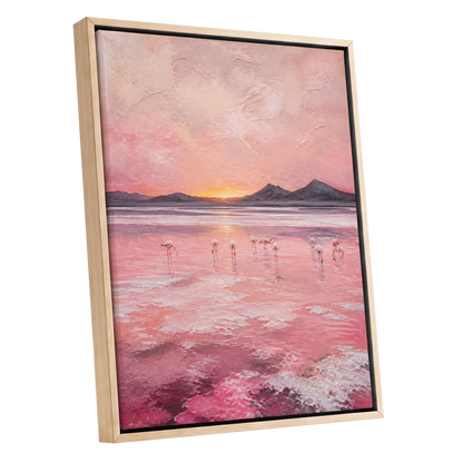 Rosewater Flamingos, pink, gray, orange nature wall art shown as a oak framed canvas wall art
