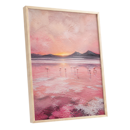 Rosewater Flamingos, pink, gray, orange nature wall art shown as a oak framed poster wall art print