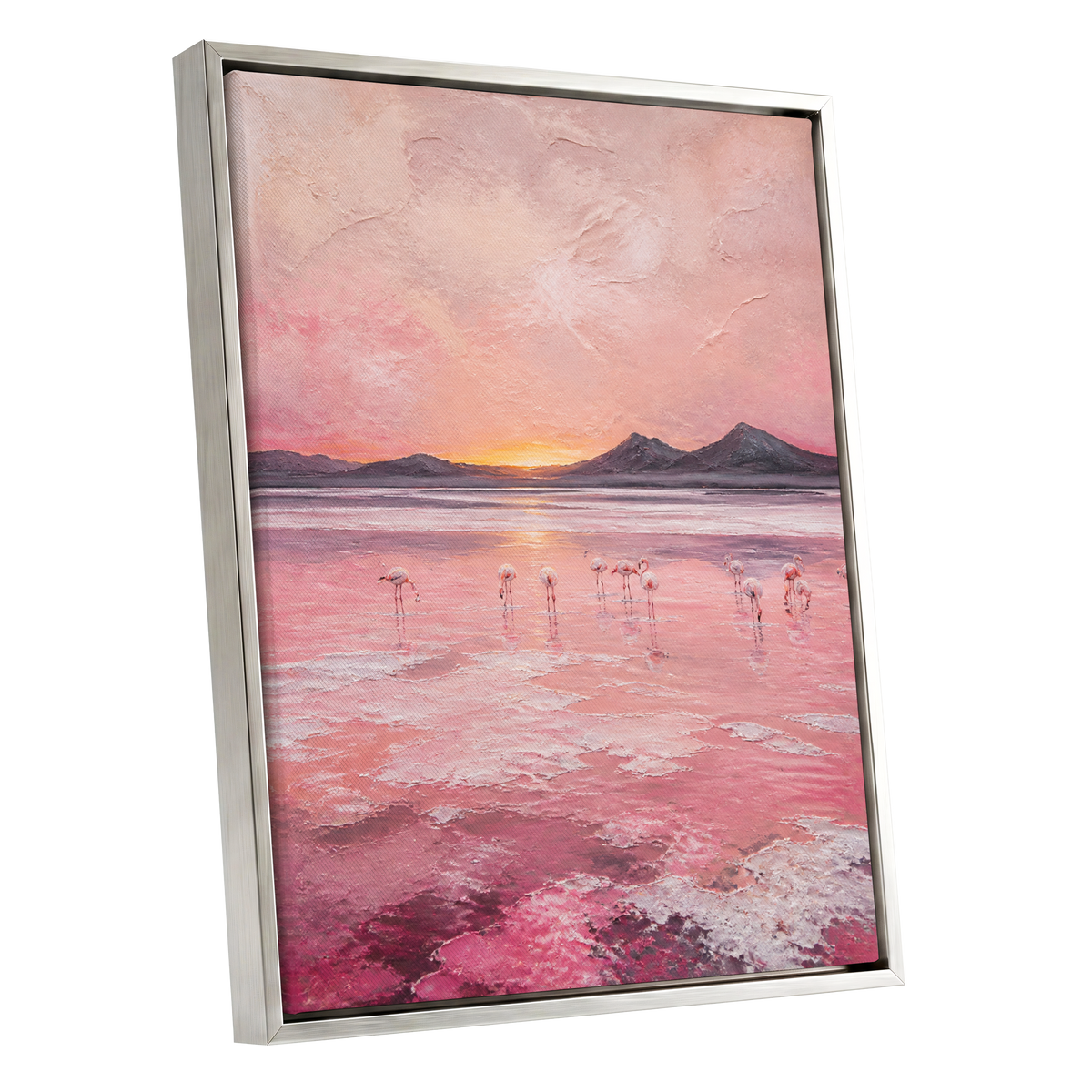 Rosewater Flamingos, pink, gray, orange nature wall art shown as a silver framed canvas wall art