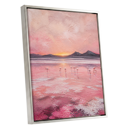 Rosewater Flamingos, pink, gray, orange nature wall art shown as a silver framed canvas wall art