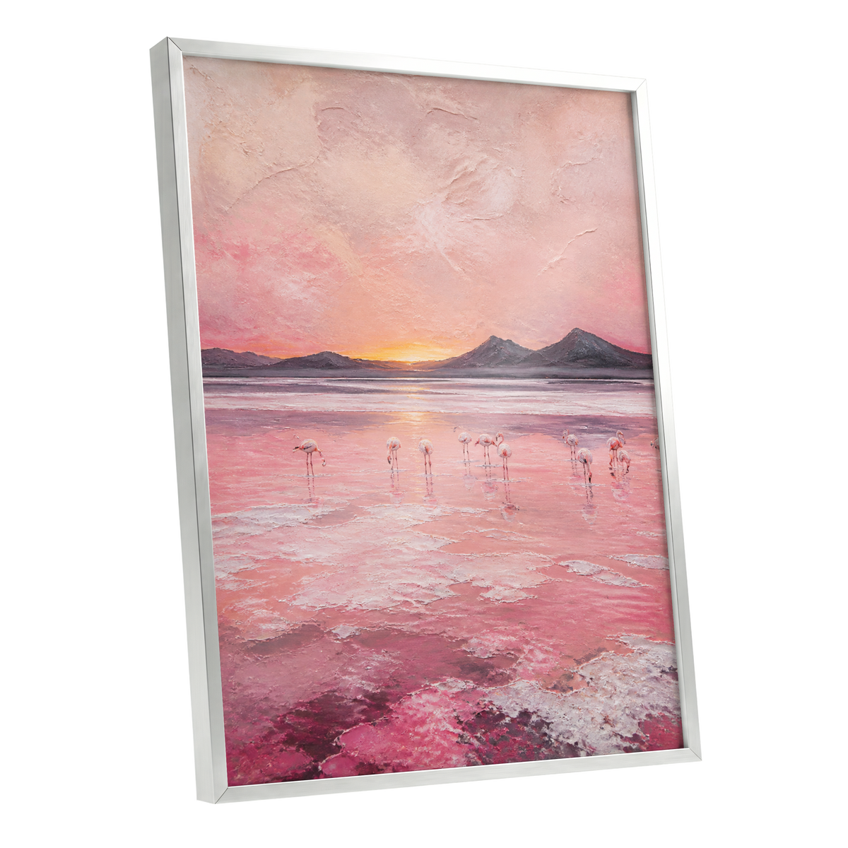 Rosewater Flamingos, pink, gray, orange nature wall art shown as a silver framed poster wall art print