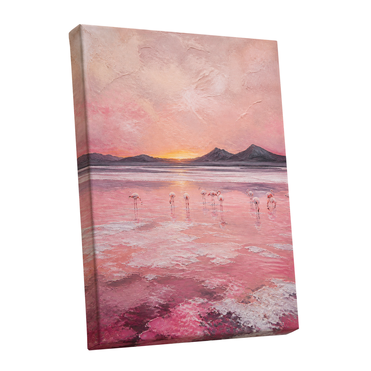 Rosewater Flamingos, pink, gray, orange nature wall art shown as a stretched canvas wall art