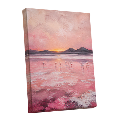 Rosewater Flamingos, pink, gray, orange nature wall art shown as a stretched canvas wall art