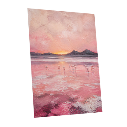 Rosewater Flamingos, pink, gray, orange nature wall art shown as a unframed poster wall art print