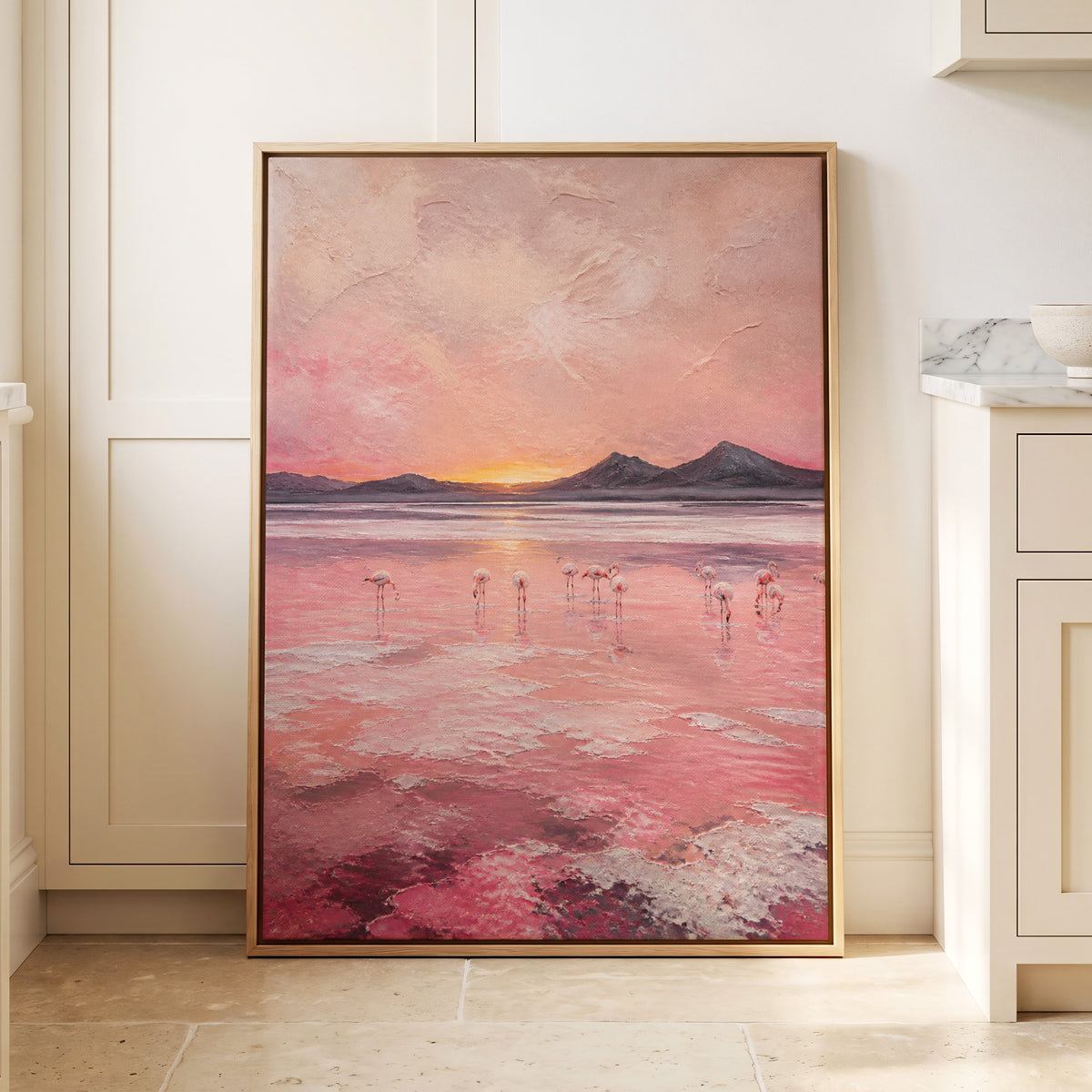 Rosewater Flamingos, pink, gray, orange nature wall art displayed in a styled interior, gallery view 1