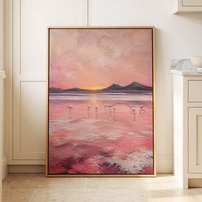 Rosewater Flamingos, pink, gray, orange nature wall art displayed in a styled interior, gallery view 1