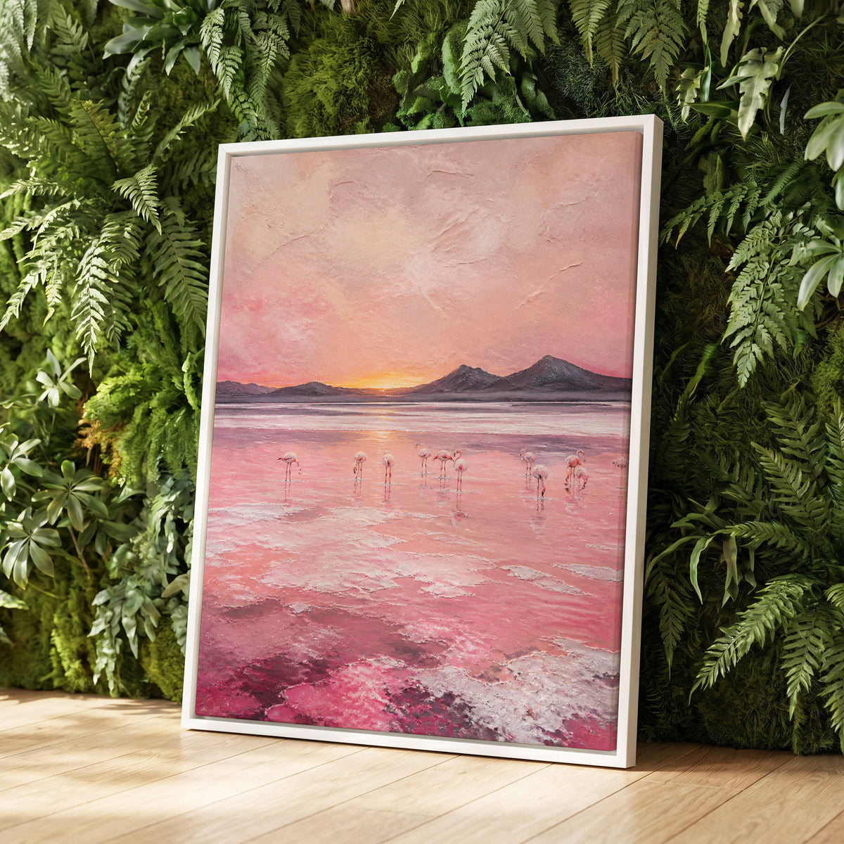 Rosewater Flamingos, pink, gray, orange nature wall art displayed in a styled interior, gallery view 2