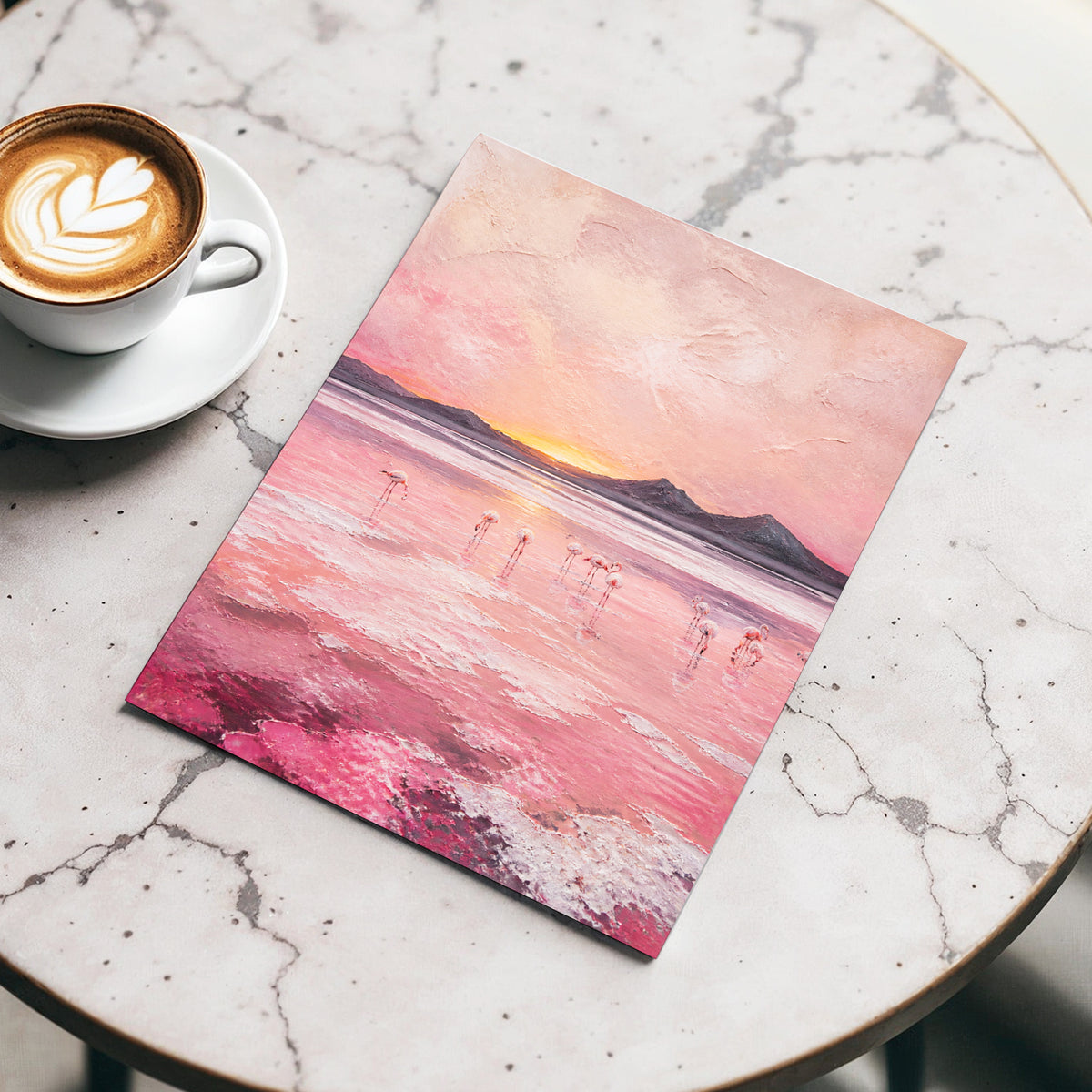 Rosewater Flamingos, pink, gray, orange nature wall art displayed in a styled interior, gallery view 3