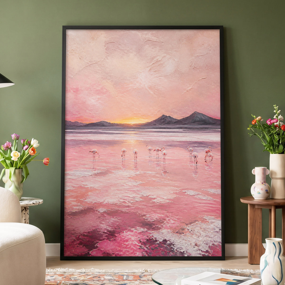 Rosewater Flamingos, pink, gray, orange nature wall art displayed in a styled interior, gallery view 4