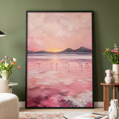 Rosewater Flamingos, pink, gray, orange nature wall art displayed in a styled interior, gallery view 4