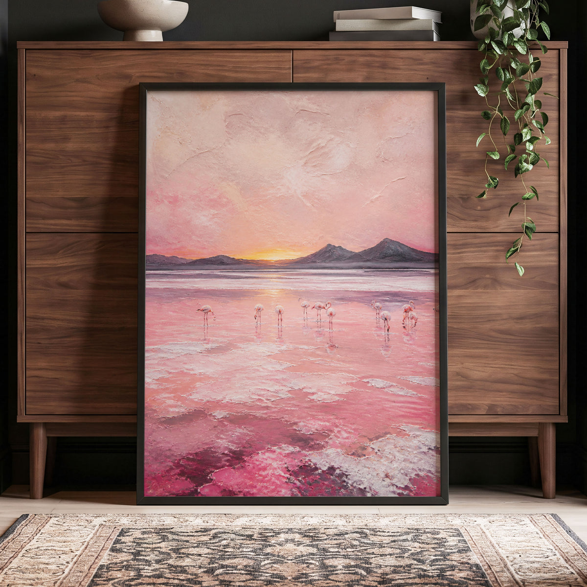 Rosewater Flamingos, pink, gray, orange nature wall art displayed in a styled interior, gallery view 5