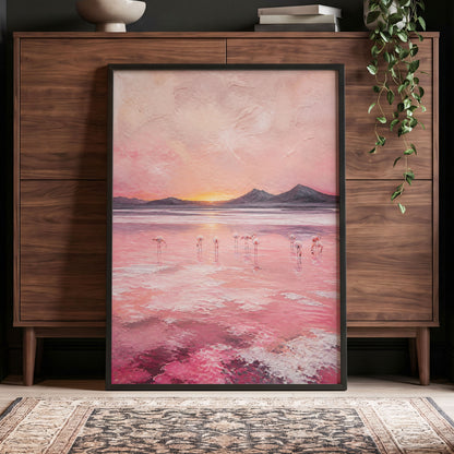 Rosewater Flamingos, pink, gray, orange nature wall art displayed in a styled interior, gallery view 5