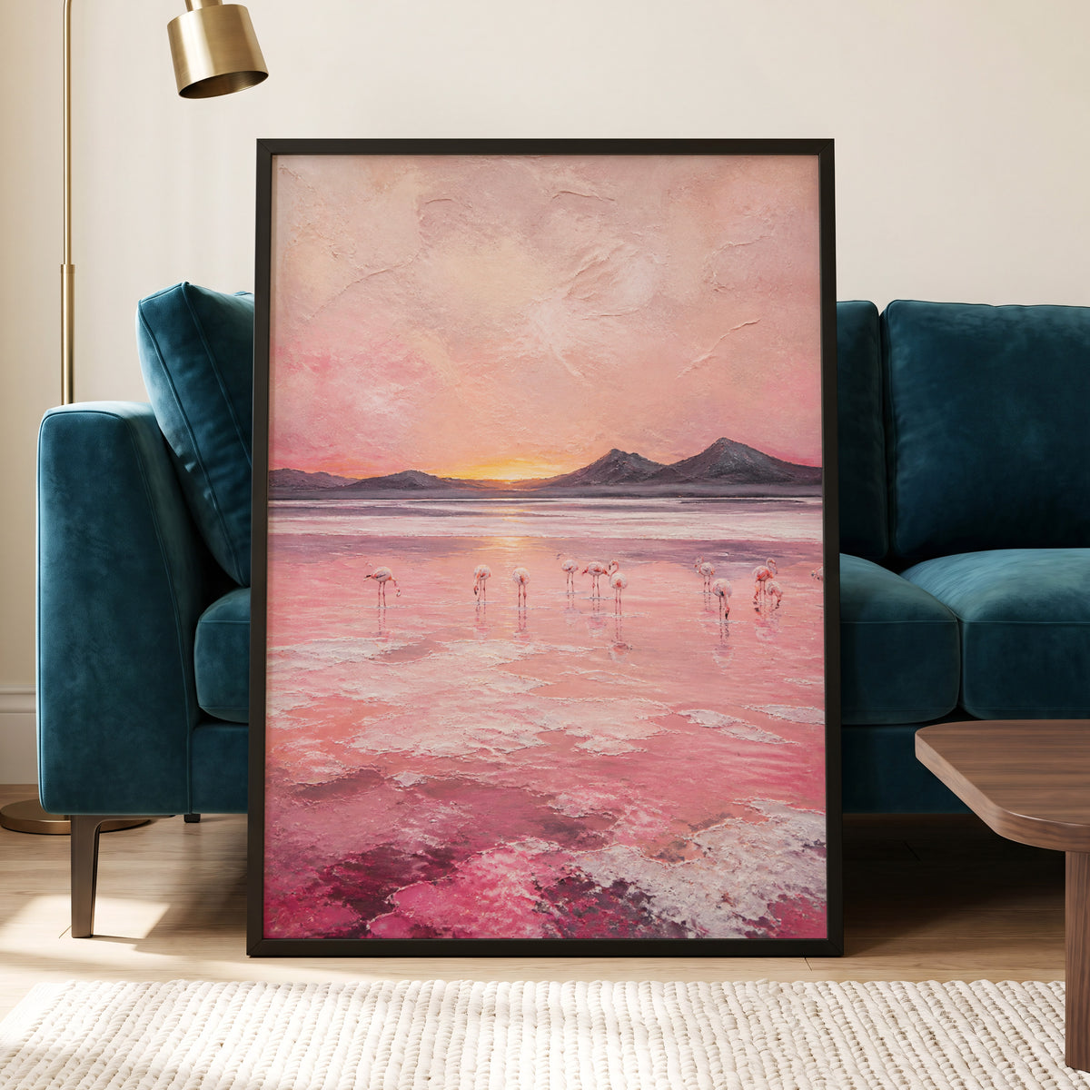 Rosewater Flamingos, pink, gray, orange nature wall art displayed in a styled interior, gallery view 6