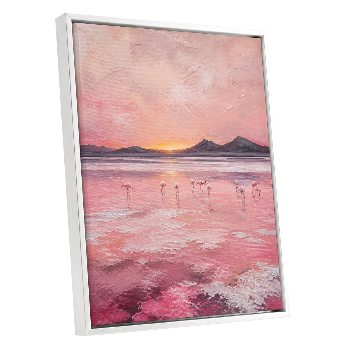 Rosewater Flamingos, pink, gray, orange nature wall art shown as a white framed canvas wall art