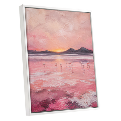 Rosewater Flamingos, pink, gray, orange nature wall art shown as a white framed canvas wall art