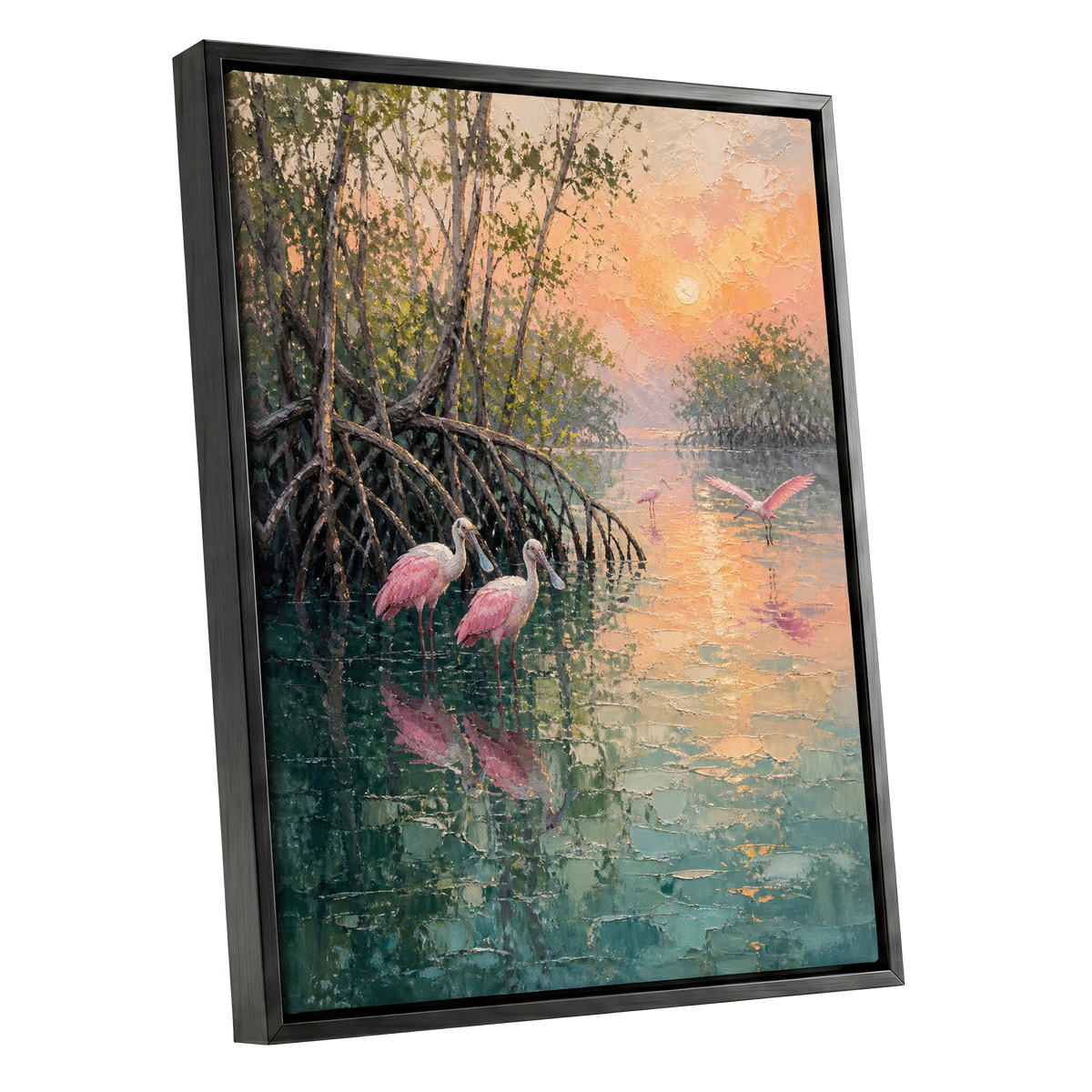 Rosewater Mangroves, green, pink, orange nature wall art shown as a black framed canvas wall art