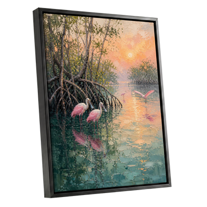Rosewater Mangroves, green, pink, orange nature wall art shown as a black framed canvas wall art