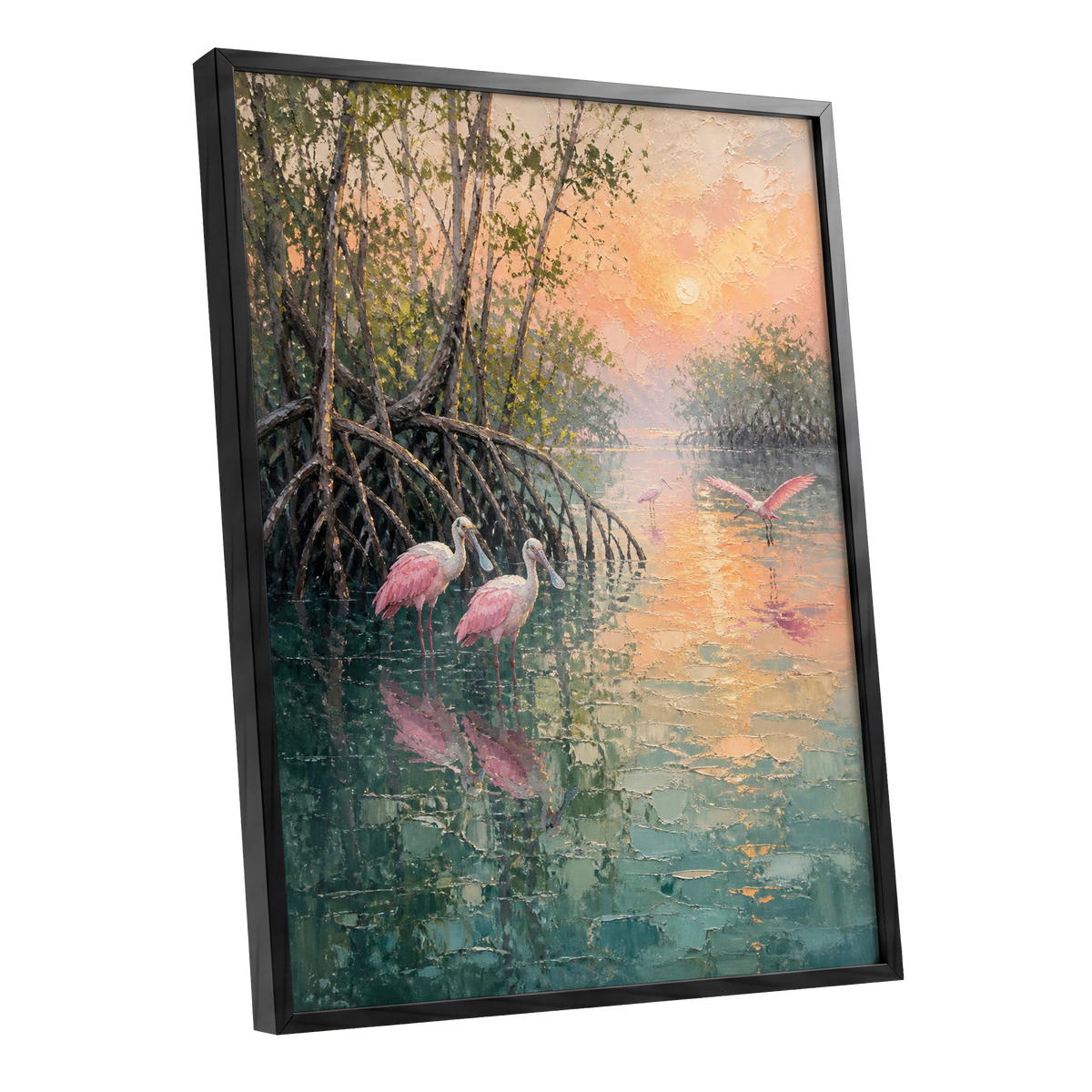 Rosewater Mangroves, green, pink, orange nature wall art shown as a black framed poster wall art print