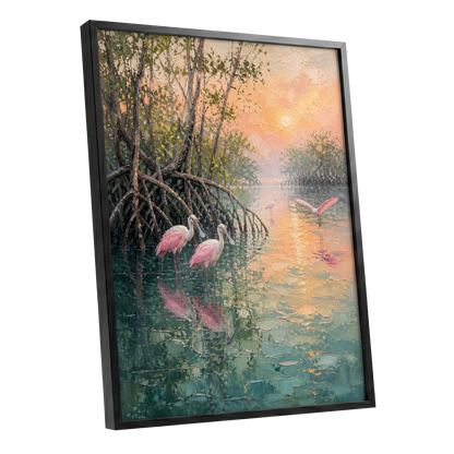 Rosewater Mangroves, green, pink, orange nature wall art shown as a black framed poster wall art print