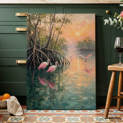 Rosewater Mangroves, green, pink, orange nature wall art on canvas displayed in a styled interior, gallery view 1