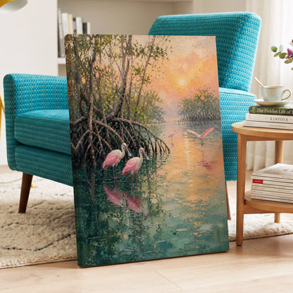 Rosewater Mangroves, green, pink, orange nature wall art on canvas displayed in a styled interior, gallery view 2