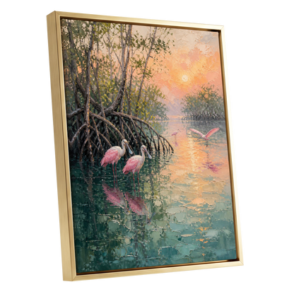Rosewater Mangroves, green, pink, orange nature wall art shown as a gold framed canvas wall art