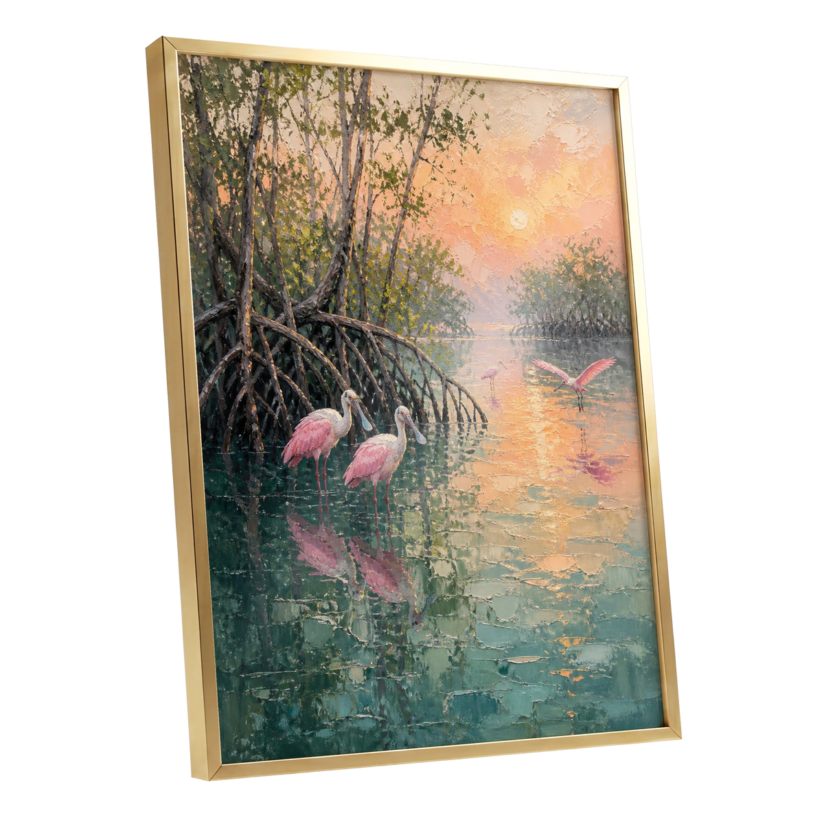 Rosewater Mangroves, green, pink, orange nature wall art shown as a gold framed poster wall art print