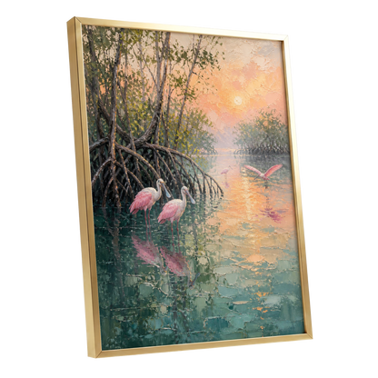 Rosewater Mangroves, green, pink, orange nature wall art shown as a gold framed poster wall art print