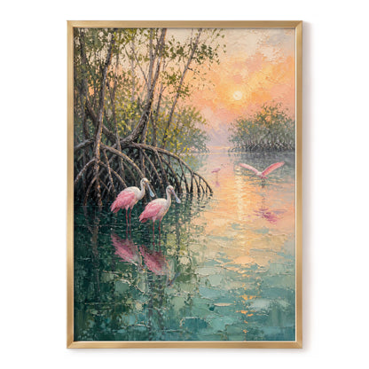 Rosewater Mangroves, green, pink, orange nature wall art, front artwork view