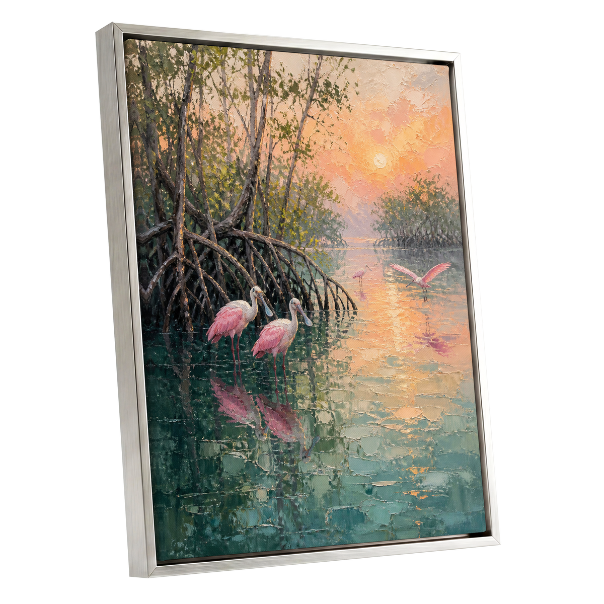 Rosewater Mangroves, green, pink, orange nature wall art shown as a silver framed canvas wall art