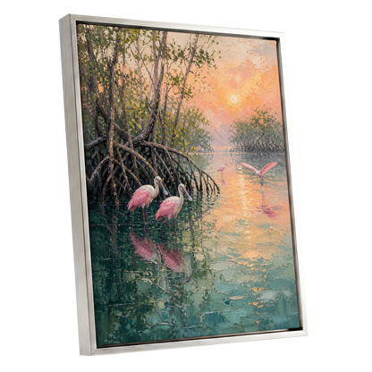 Rosewater Mangroves, green, pink, orange nature wall art shown as a silver framed canvas wall art