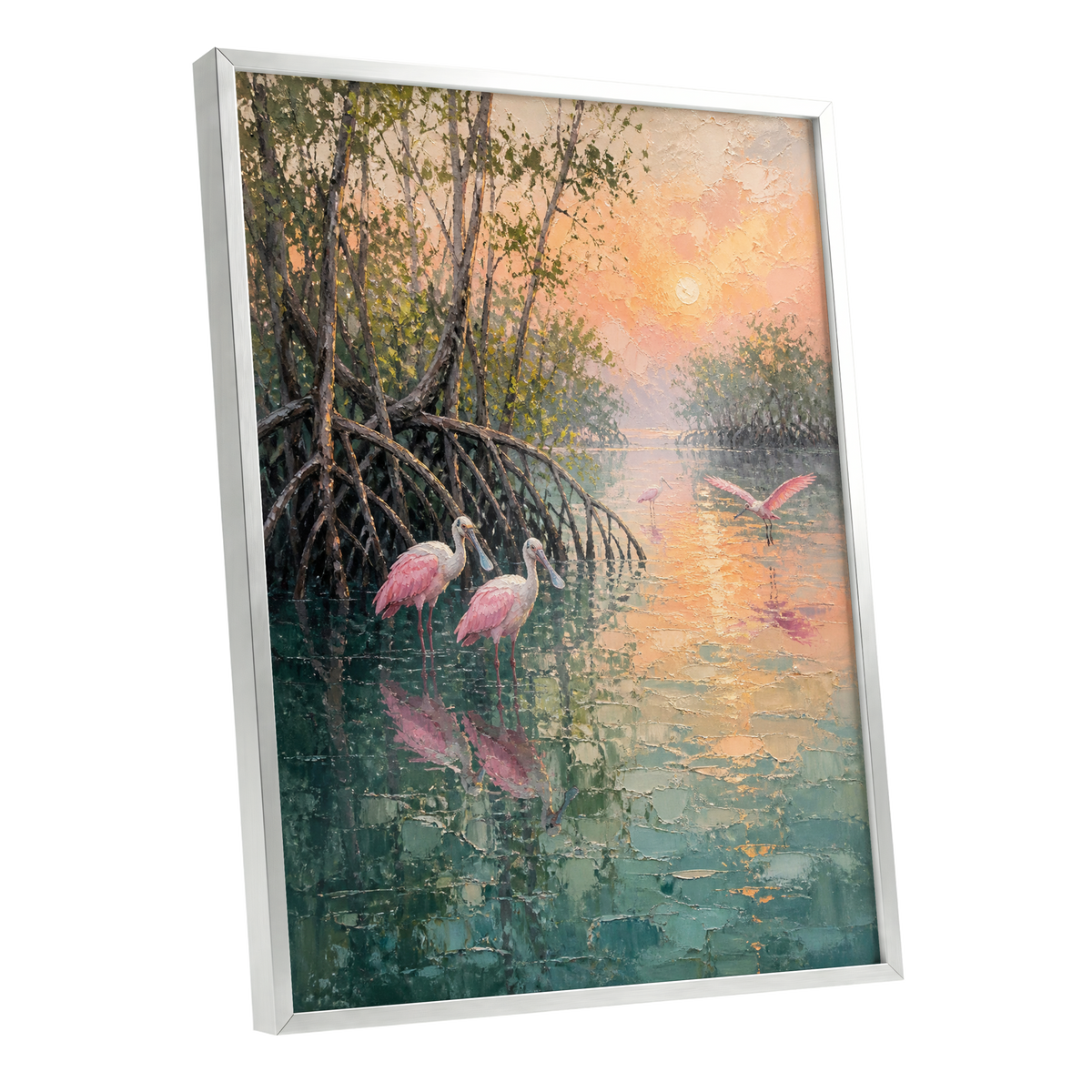 Rosewater Mangroves, green, pink, orange nature wall art shown as a silver framed poster wall art print