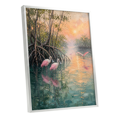 Rosewater Mangroves, green, pink, orange nature wall art shown as a silver framed poster wall art print