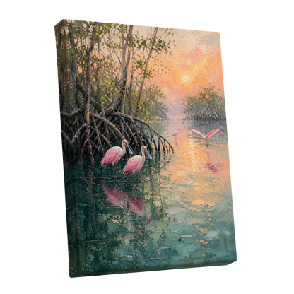Rosewater Mangroves, green, pink, orange nature wall art shown as a stretched canvas wall art