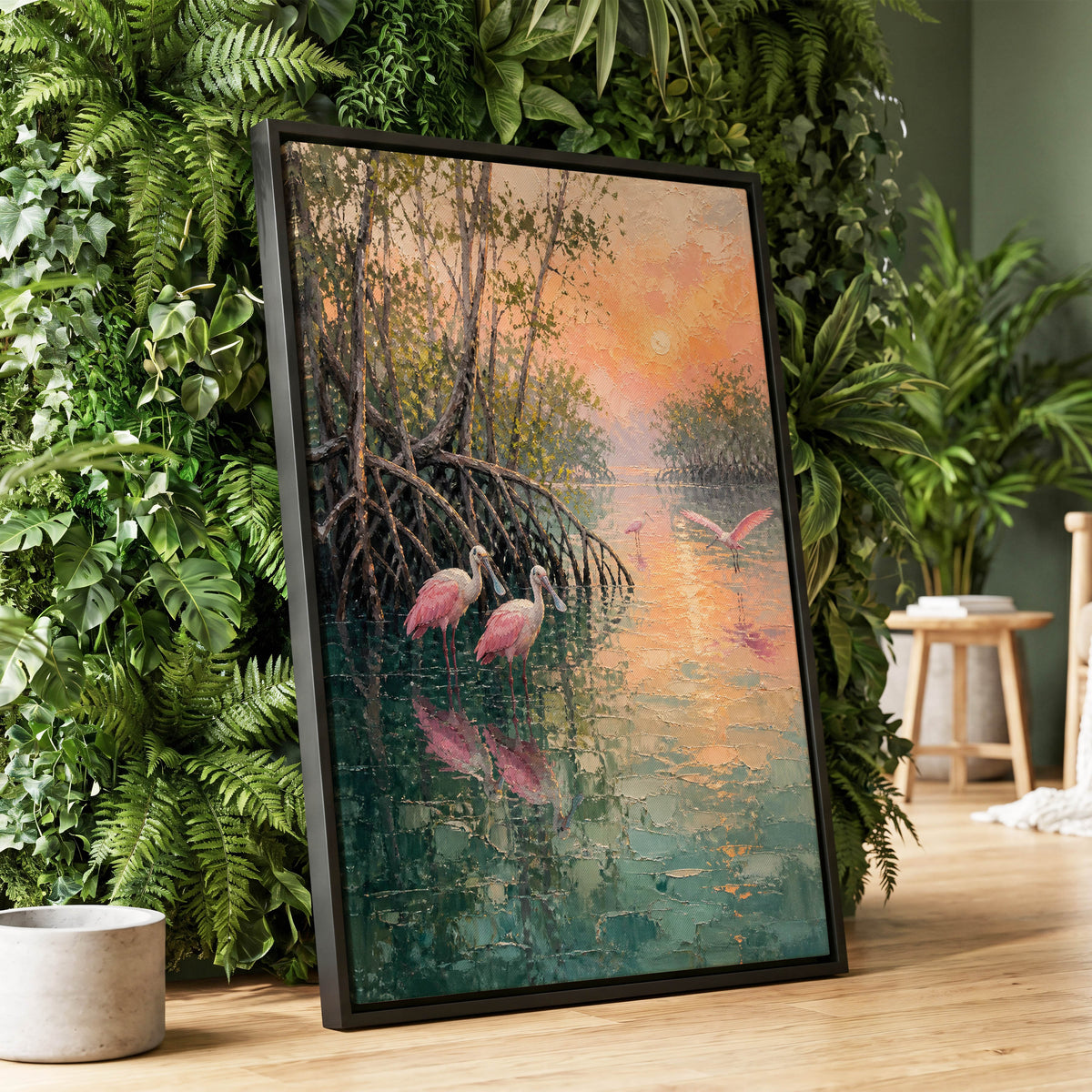Rosewater Mangroves, green, pink, orange nature wall art displayed in a styled interior, gallery view 1