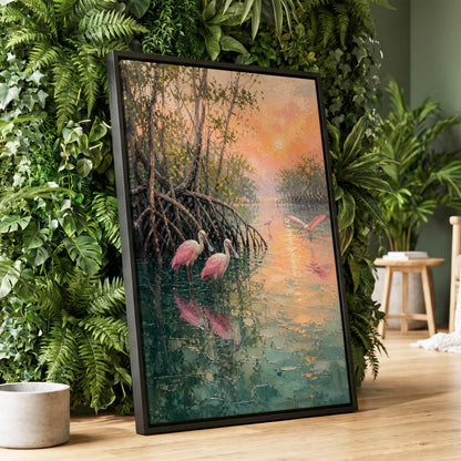Rosewater Mangroves, green, pink, orange nature wall art displayed in a styled interior, gallery view 1