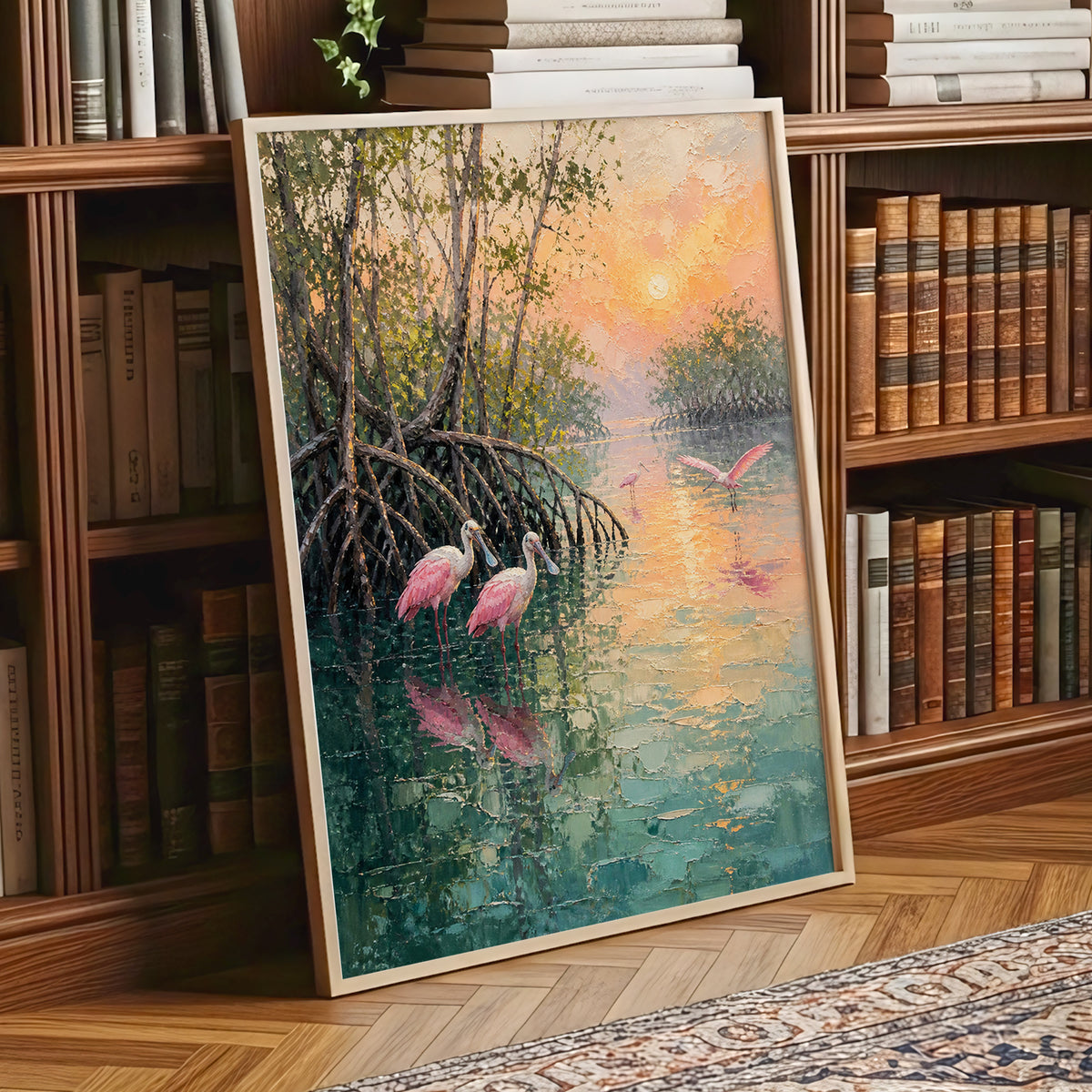 Rosewater Mangroves, green, pink, orange nature wall art displayed in a styled interior, gallery view 2