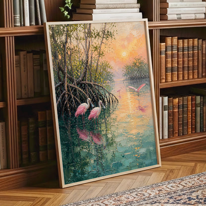 Rosewater Mangroves, green, pink, orange nature wall art displayed in a styled interior, gallery view 2