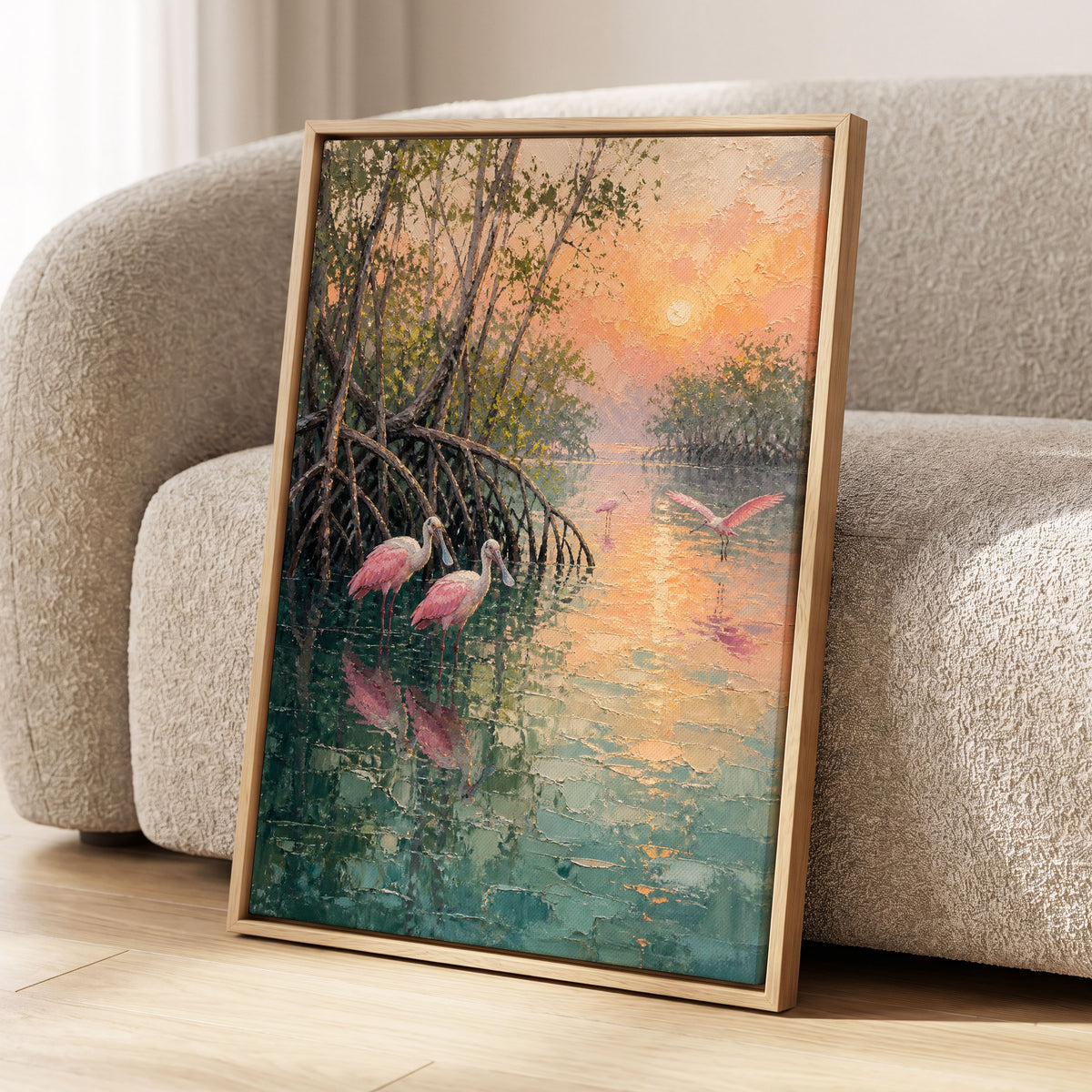 Rosewater Mangroves, green, pink, orange nature wall art displayed in a styled interior, gallery view 3