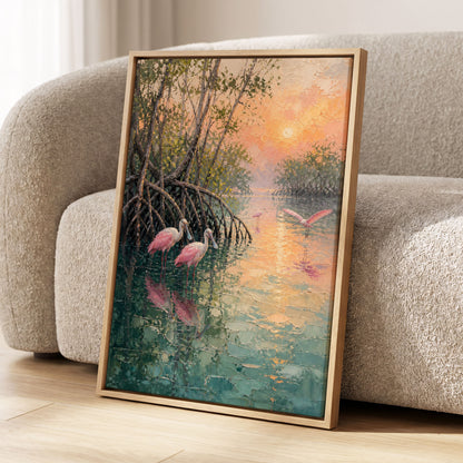 Rosewater Mangroves, green, pink, orange nature wall art displayed in a styled interior, gallery view 3