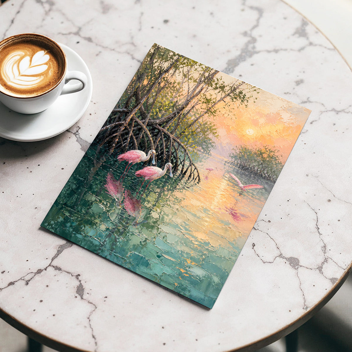 Rosewater Mangroves, green, pink, orange nature wall art displayed in a styled interior, gallery view 4