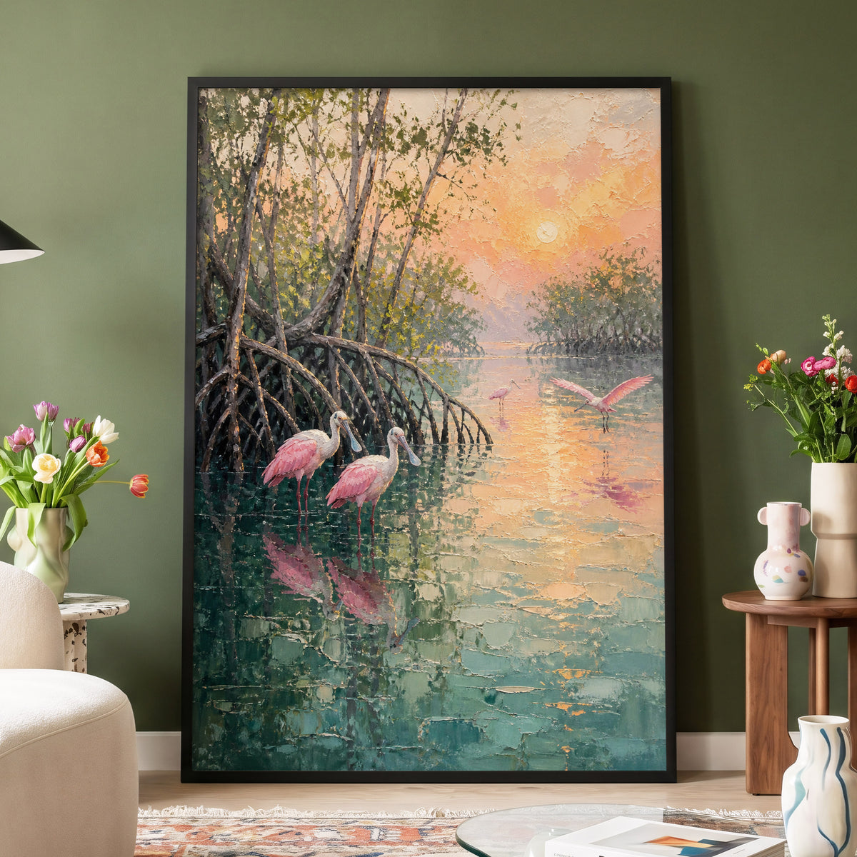 Rosewater Mangroves, green, pink, orange nature wall art displayed in a styled interior, gallery view 5